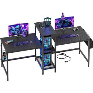 Furologee Double Desk with Power Outlets, 71 Inch Computer Desk with Storage Bag and Headphone Hooks, Gaming Desk Study Writing Table for Home Office, Black (71in-no Led, Black Carbon Fiber)