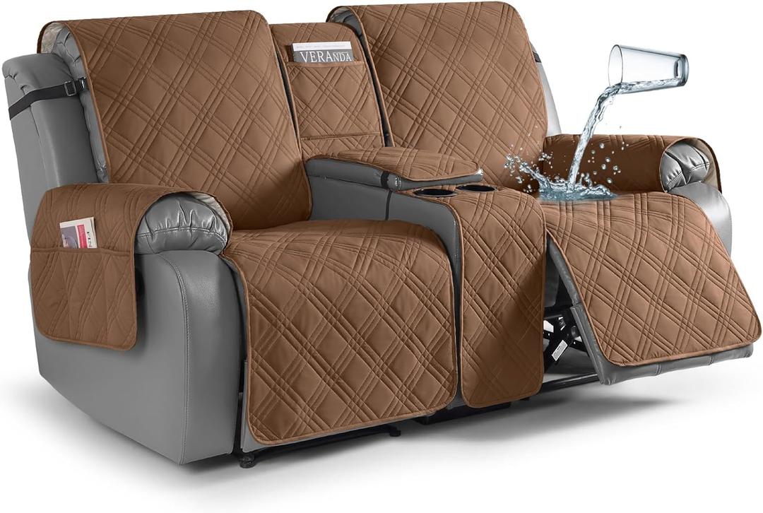 TAOCOCO Loveseat Recliner Cover with Center Console, 100% Waterproof Pet Covers for Dual Recliner with Straps Design, Split Reclining Loveseat Cover Furniture Pet&Kids Protector (2 Seater, Brown)