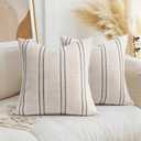 AELS 18x18 Decorative Farmhouse Linen Throw Pillow Covers, Boho Textured Pillow Case, Set of 2, Beige with White & Black Stitch Yarn Dyed Stripe Cushion Cover for Sofa Couch Living Room (Cover ONLY)
