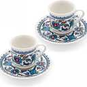 Turkish Coffee Cups Set of 2 with Saucers and Cup Holder, Ceramic Espresso Cups, Perfect for Serving Arabic Coffee White & Blue Pattern