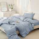 JIYUAN 100% Washed Cotton Duvet Cover Set 3 Pieces King, 1 Duvet Cover 104x90 Inches(Comforter Not Included) and 2 Pillowcases,Linen Feel Bedding Set Comfy and Breathable, Heathered Light Blue