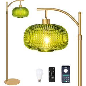 Modern Floor Lamp for Living Room, Mid Century Tall Standing Lamp Green Glass Lamp Shade, Dimmable Gold Tall Pole Lamp for Bedroom Office with Remote, 1 x 12W LED Edison Bulbs Included