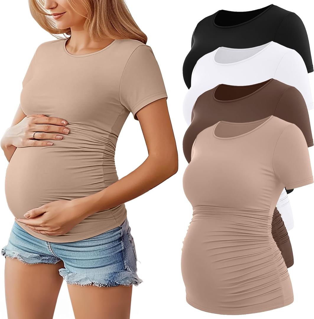 Huukeay 4 Pack Women's Maternity Shirts, Crew Neck Maternity Top Short Sleeve Casual Cotton Tee Side Ruched Pregnancy Clothes (Medium, Black, Khaki, Coffee, White)