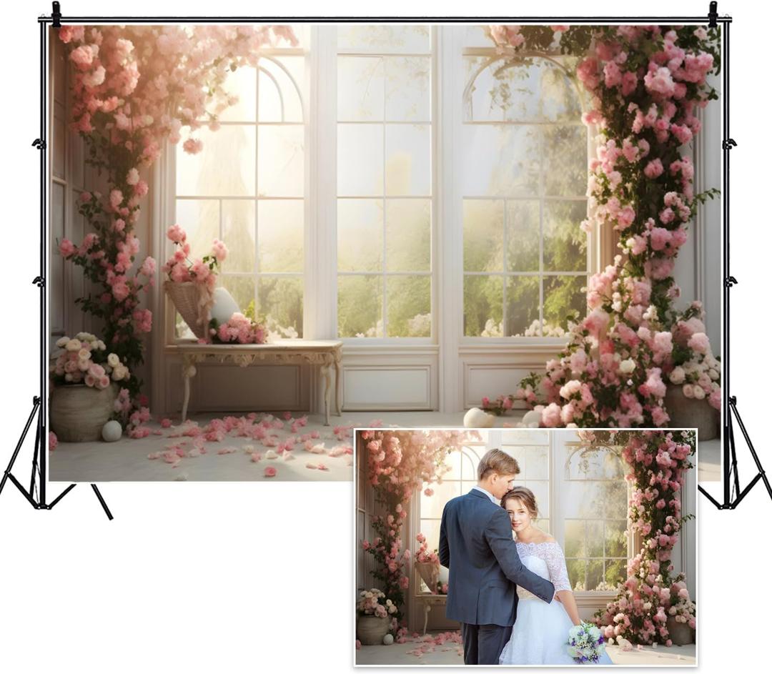 8x6ft Bridal Floral Backdrop for Wedding Pink Rose Window Scenery Green Leaves Elegant Photography Background for Valentine's Day Bridal Shower Birthday Spring Party Women Girls Portraits