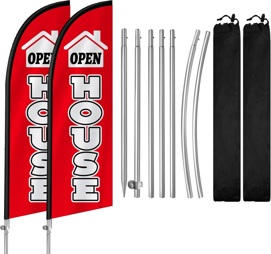 2 Pack Open House Flags, 8FT Open House Signs for Real Estate with Flagpole Kit, Ground Stake, Open House Feather Flag Banner for Events, Advertising, Indicators, Outdoor Advertising (red)