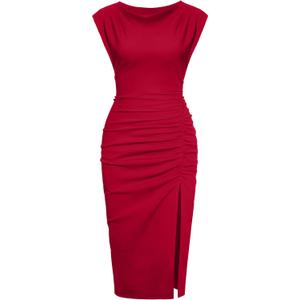 Ihot 2026 Women's Mock Neck Side Slit Ruched Bodycon Cocktail Party Wedding Guest Midi Dress (Red, S)