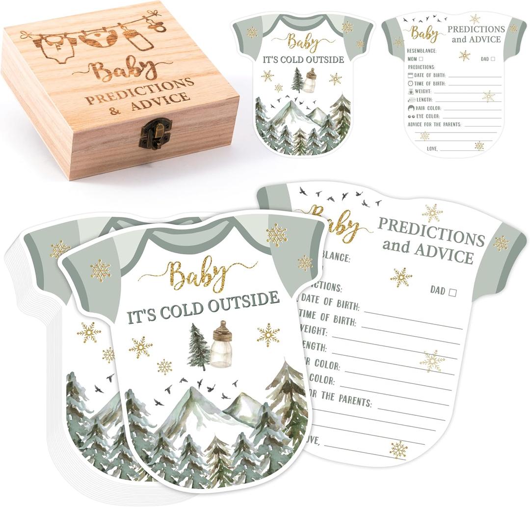 Winter Adventure Baby Shower Game - 50Pcs Baby It's Cold Outside Winter Wonderland Snowflake Advice & Prediction Cards with Wooden Keepsake Box for Christmas Party Decor Supplies Gift