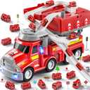 2 in 1 Fire Trucks for Toddlers 3-5, Carrier Vehicles Toy with 8 Cars, Transport Race Tracks with Light and Sound, Educational Birthday Gifts for Kids Boys Girls Ages 3 4 5 6