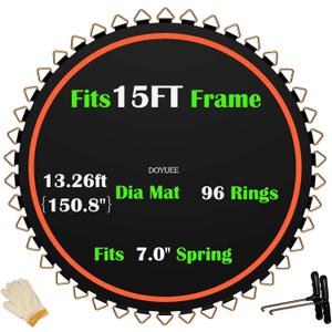 15FT Trampoline Mat Replacement-13.26ft Diameter Mat with 96 Rings- Fits 7.0" Springs,Spring & Frame not Included