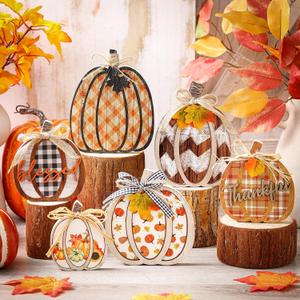 Yousoontic 6 Pcs Thanksgiving Decor for Home Pumpkin Wooden Block Sign Autumn Fall Table Centerpiece for Thanksgiving Tiered Tray Harvest Table Mantel Shelf Decor (Fresh)