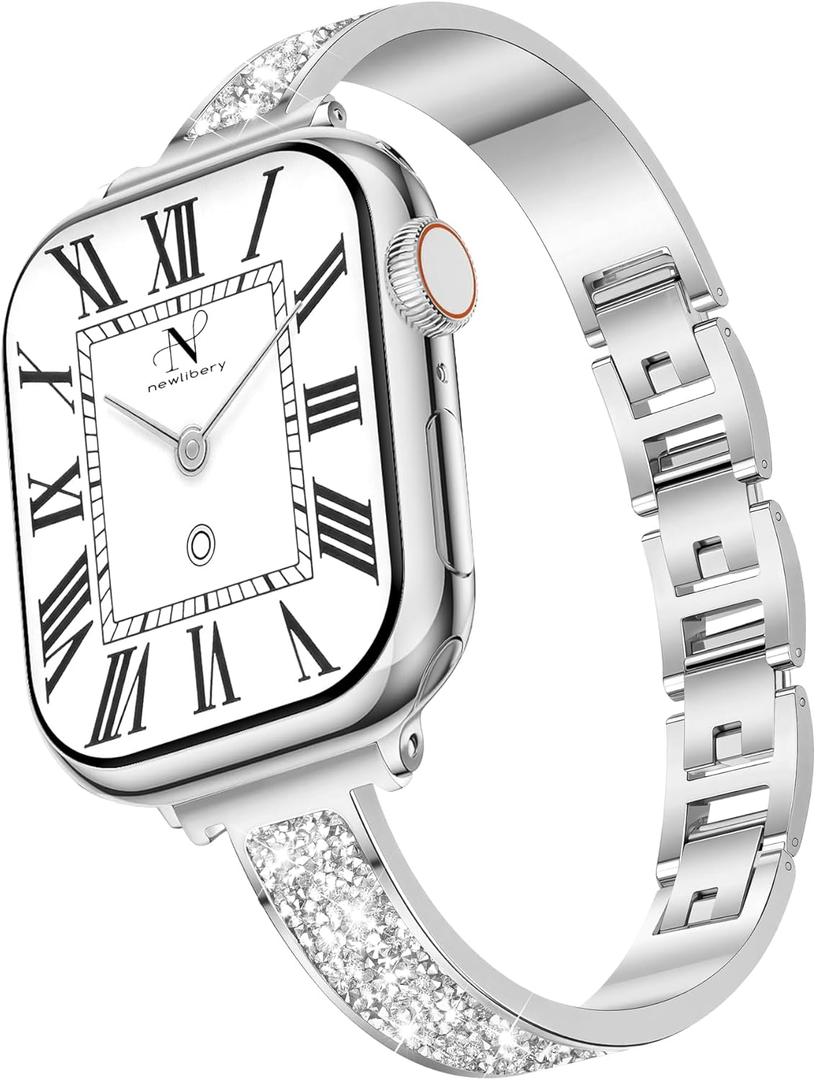 Newlibery Silver Slim Watch Bands for Women Compatible with Apple Watch 38mm 40mm 41mm 42mm (S10/11) Jewelry Dressy Bracelet Metal Strap Adjustable for iWatch Series 11/10/9/8/7/6/5/4/SE 3/2/1