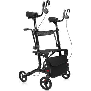 Sunderwell Upright Walker for Seniors & Adults with Seat 450 lb Capacity, Stand Up Walkers Foldable, 19.8 lbs Lightweight, Adjustable Arms, 7.9-Inch Wheels for All Terrain Rollator Walker (Black02)