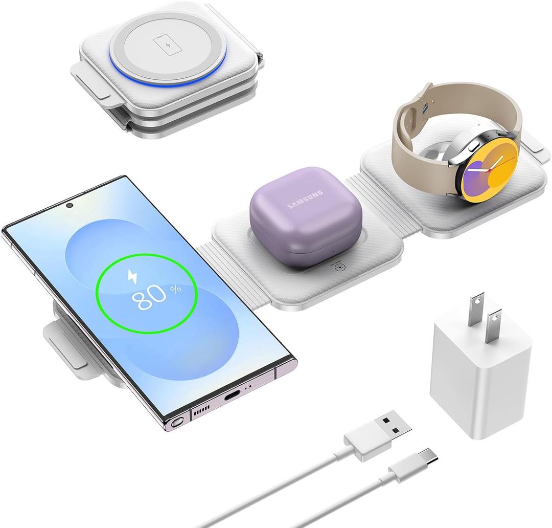 Travel Charger for Samsung Multi Devices, Foldable 3 in 1 Wireless Charging Station Fast Charging Stand/Pad Compatible for Samsung Galaxy S25/S24/S23/S22/S21/Note20 Galaxy Watch8/7/6/5/4/Galaxy Buds4 (Pure Ivory)