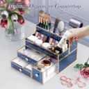 Makeup Organizer Blue - Tempered Glass Vanity Organizer for Cosmetics, Skincare, Hair Tools, Brushes, Perfume - Multipurpose Bathroom Counter Skincare Organizer