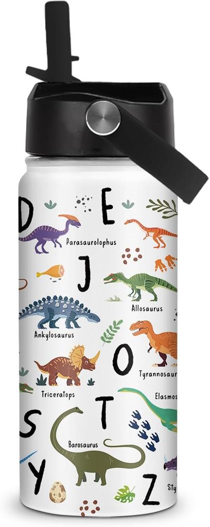 Alphabet Dinosaur Water Bottle for Boys, 16oz Kids Stainless Steel Insulated Water Bottle with Straw Lid, Dinosaur Dino Cup Tumbler Gifts for School