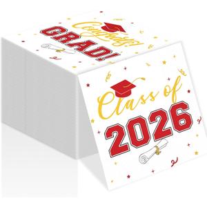 Class of 2026 Graduation Napkins, 3-Ply Disposable Congrats Grad Paper Napkins for Dinner and Cocktail Party Decorations, School and College, 6.5-Inch Square (100, Red)