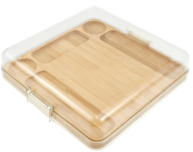 Charcuterie Board with Locking Lid Sauce Grooves, Travel Portable Bamboo Cheese Board, Bamboo Cutting Board, Multipurpose Covered Serving Tray with 5 Compartments for Kitchen New Home