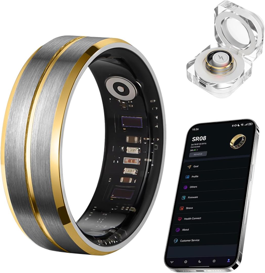 Smart Ring for Women Men, Tungsten Steel Fitness Tracker Ring with Sleep Monitoring, Heart Rate, Step Counting, IP68 Waterproof for iPhone and Android, No Subscription Fee (Black-Gold)