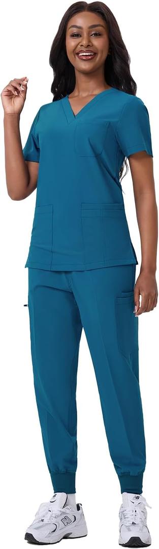 ANGEL GUARD Scrubs Set for Women, V-Neck Top and Jogger Pants, 13 Pockets, Thick Stretch Medical Workwear