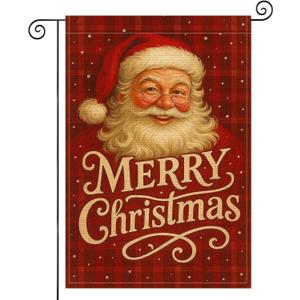 2 x Merry Christmas Garden Flag 12x18 Inch Santa Red Plaid Burlap Double-Sided Seasonal Outdoor Holiday Banner Winter Flag for Yard Lawn Decoration