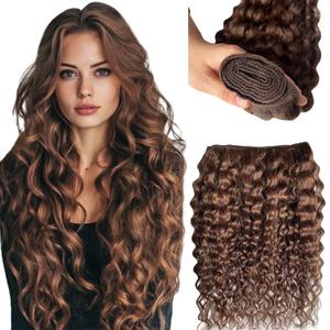 Sew in Hair Extensions, Double Weft Curly Human Hair Extensions for White Women Middle Brown 120g 24'' Human Hair Bundles Water Wave Double Weft Sew in Human Hair Extensions