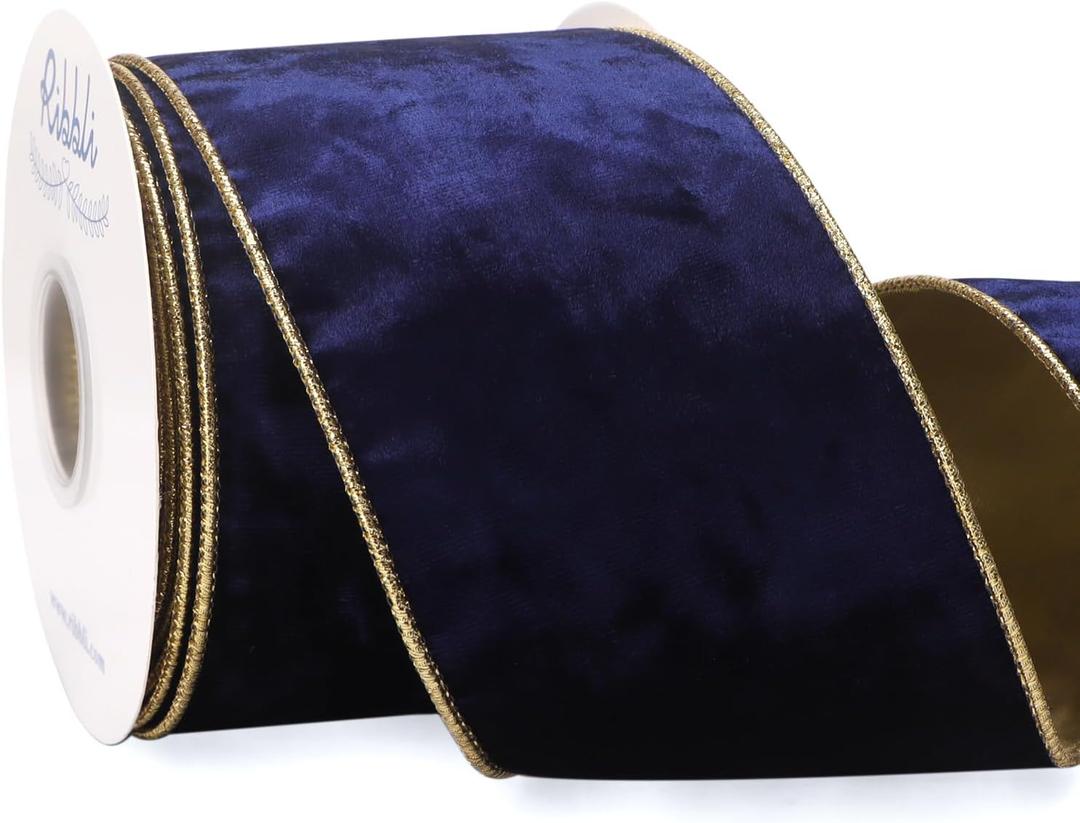 Ribbli Navy Velvet Wired Ribbon 4 Inch Metallic Navy Gold Crushed Velvet Christmas Ribbon for Gift Wrapping Christmas Tree Decoration Crafts Wreaths Supplies-Continuous 10 Yards