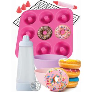 Dippin'Donutz Nonstick Silicone Donut Pan - Deluxe Baking and Decorating Supplies Bundle. Including Doughnut Maker Molds, Mixing Bottle, Cooling Rack, Dipping Bowls And Icing Decorating Pen