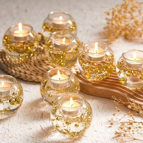 Reallnaive 8 Pcs Glass Clear Votive Floating Candle Holders with 8 Pcs Bright Pearl String Beads, Tealight Bowl Candle Holder Bulk for Wedding Centerpiece Home Bridal Shower Party Decor (Gold)