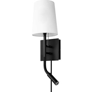 GLOBE Electric 1-Light Plug-in or Hardwired Wall Sconce with LED Integrated Reading Light, USB-A Port, USB-C Port, Matte Black, White Fabric Shade, On-Off Pull Chain and Rocker Switch