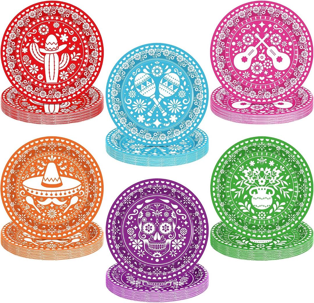 50 Pcs Cinco De Mayo Plates, 9 Inch Fiesta Plates Mexican Party Decorations, 6 Colorful Pape Plates Disposable Tableware Set Kitchen Decor Day of the Dead Dinnerware for Mexican Party Favors
