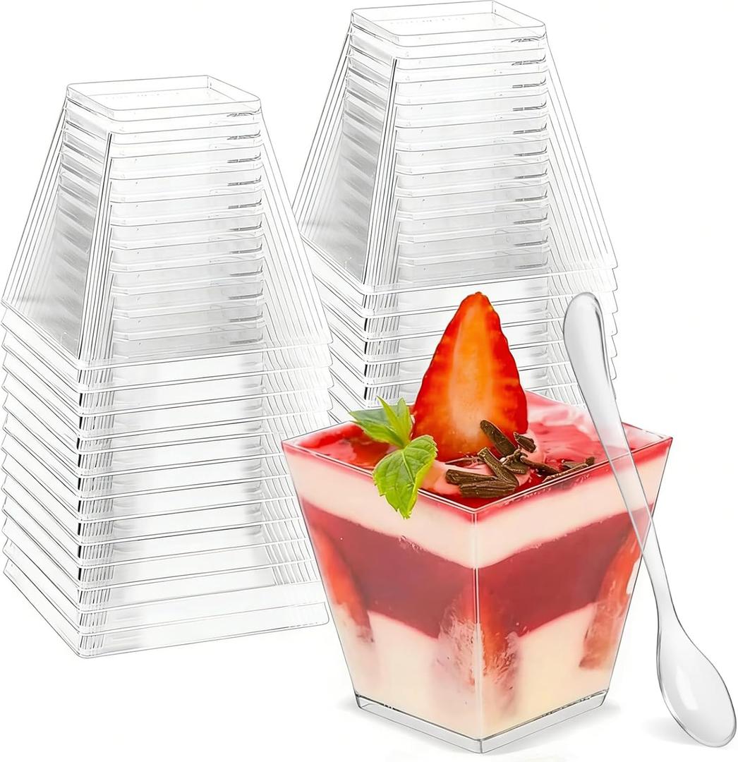 Zezzxu 100 x 2 oz Mini Dessert Cups with Spoons, Shooter - Clear Plastic Small Parfait Cups Reusable Shot Glasses for Tasting Party Desserts & Appetizers, Shrimp Cocktail Cups