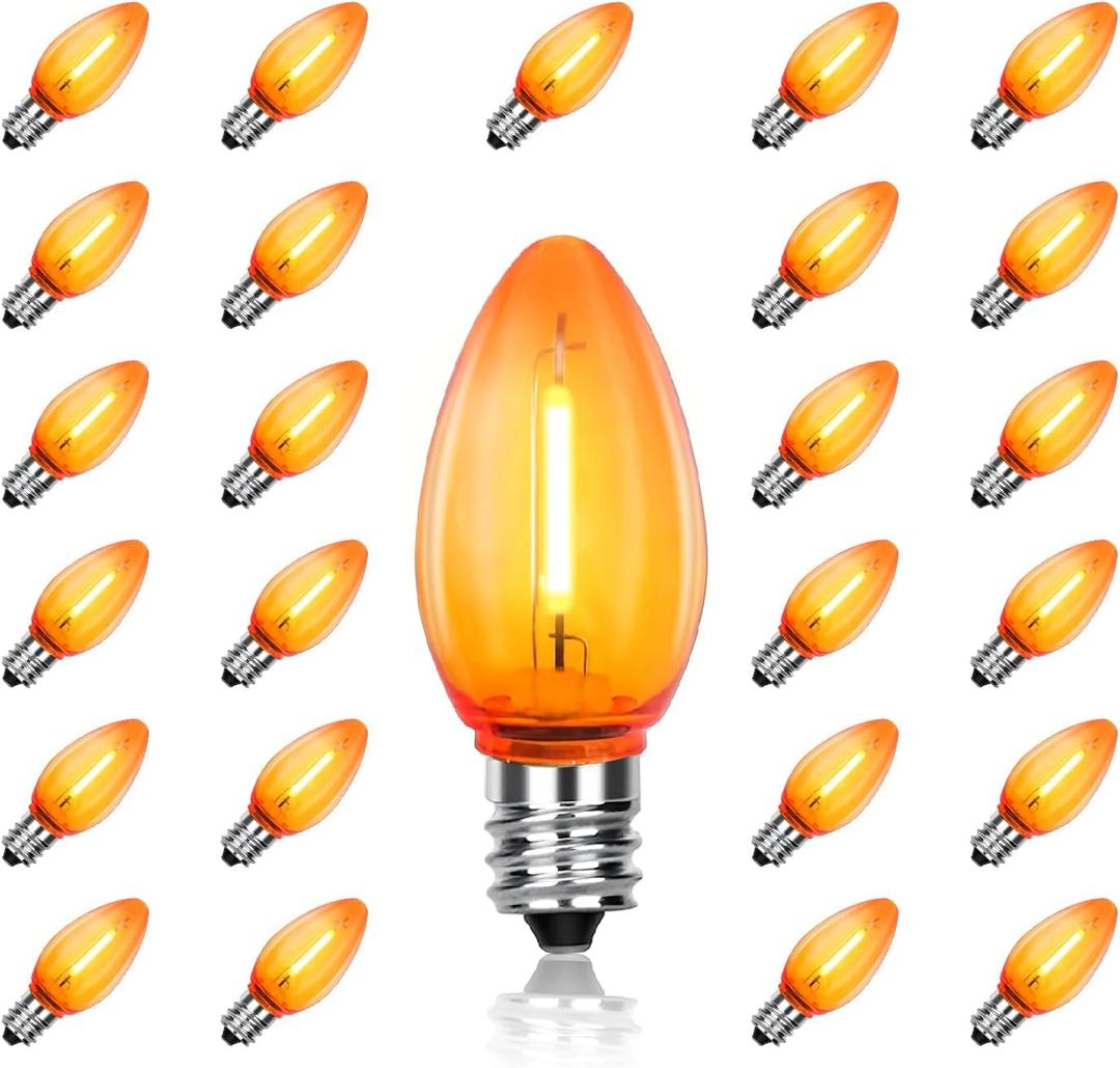 C7 Replacement Bulbs, 25 Pack Halloween Orange LED Bulbs, 0.6W E12 Base for Indoor Outdoor Christmas String Lights, Patio, Party Decor
