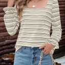 MEROKEETY Women's Fall Square Neck Striped Shirt Puff Long Sleeve Casual Loose Tops 2025 Trendy Blouse (L)