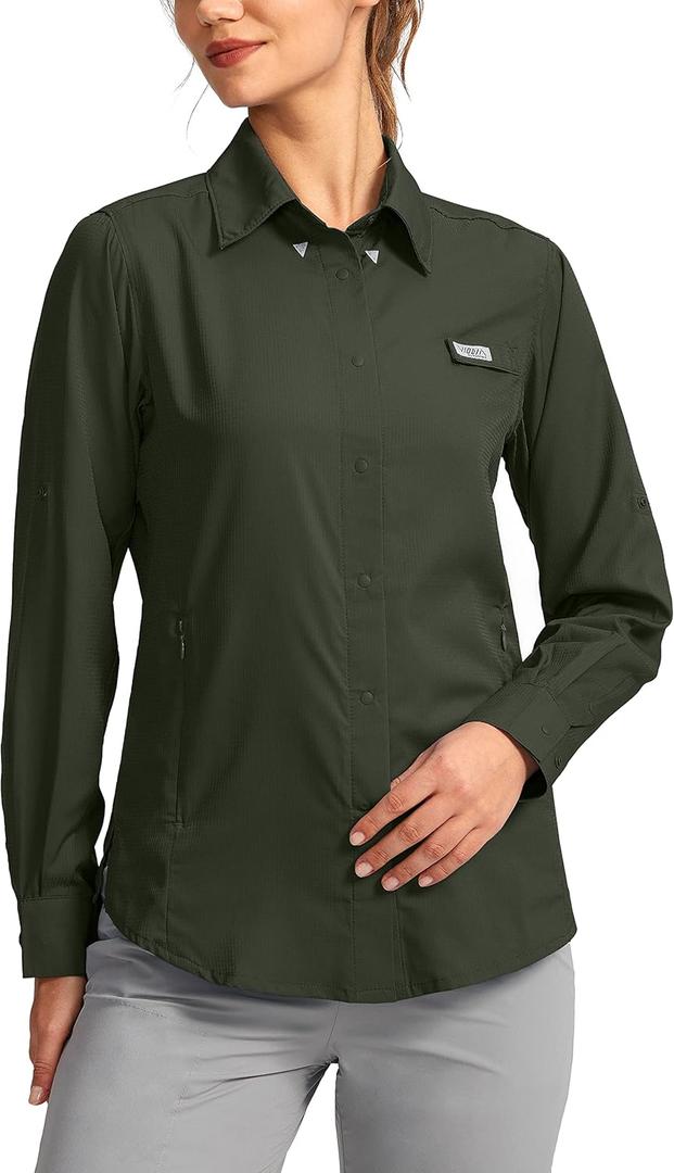 Womens Sun Protection Fishing Shirt with Zipper Pockets Lightweight SPF Long Sleeve Shirts for Hiking Safari (Green, S)