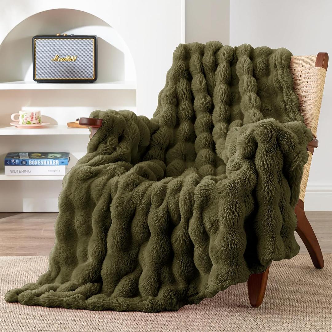 EXQ Home Rabbit Faux Fur Throw Blanket for Couch,Soft Fluffy Bubble Double Sided Plush Blanket,Cozy Thick Warm Fuzzy Decorative Blanket for Bed Chair Sofa Living Room, 50x60 Inches (Dark Green)