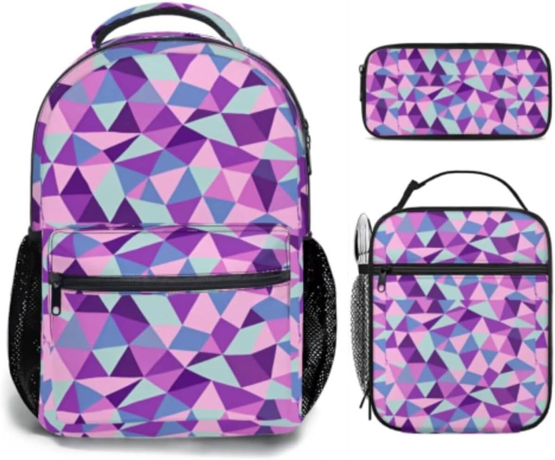 Kids Backpack with Lunch Box Set, 3-in-1 Geometric School Bag for Girls & Boys, Lightweight Waterproof for Elementary Middle School Students