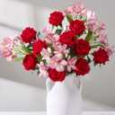 Fake Flowers, 14 Pcs Red Roses & Artificial Lilies Silk Flowers Faux Flowers for Vase Realistic Artificial Flowers Home Decor Bedroom Office Spring Desk Wedding Decoration House Warming Gifts