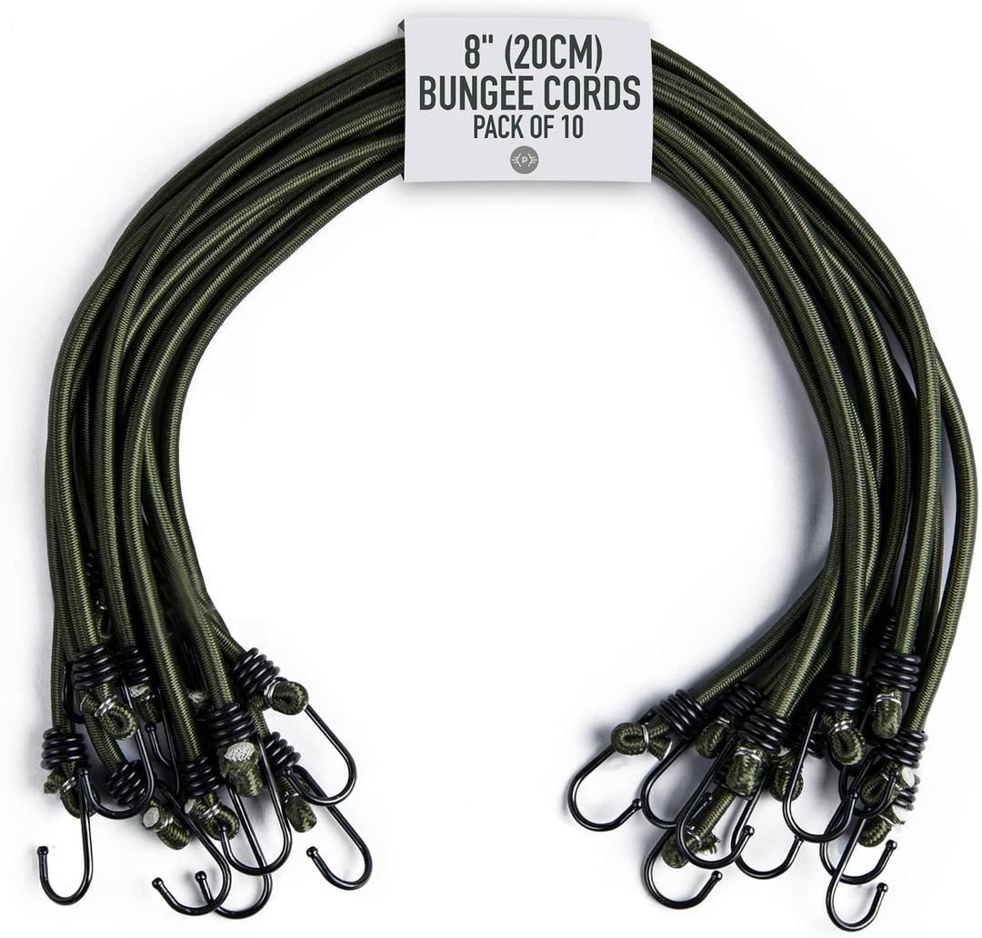 Pluvios - Heavy Duty Bungee Cords with Hooks - 10 Pack Choice of Sizes - Multi-Purpose Elastic Bungee Straps for Luggage, Roof Racks, Camping - Weatherproof & UV Resistant (8" (20cm))