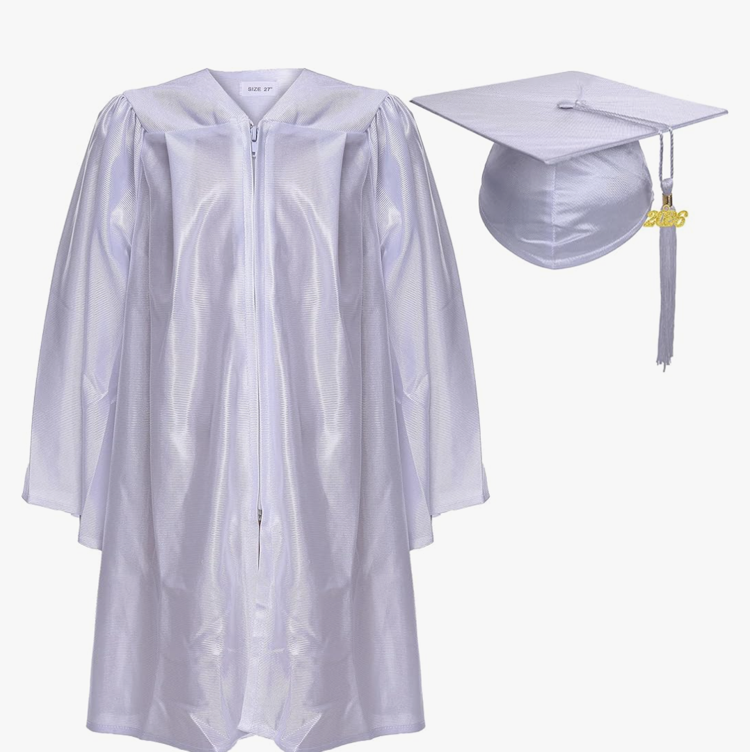 Newrara Unisex Shiny Kindergarten Graduation Gown Cap with Tassel Size 30 White
