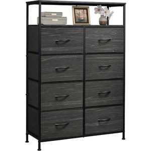 WLIVE Fabric Dresser for Bedroom with Open Shelves, Tall Dresser with 8 Drawers, Storage Tower with Fabric Bins, Chest of Drawers for Closet, Living Room, Hallway, Charcoal Black Wood Grain Print