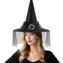 Halloween Witch Hat, Witch Hats for Women Costume Accessory, Halloween Party Adult Cosplay Veil Wizard Hat (Black)