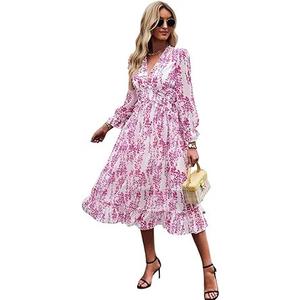 Women's 2024 Midi Dress Long Sleeve Floral Frill Trim Flounce Sleeve Ruffle Hem Dress, Size L