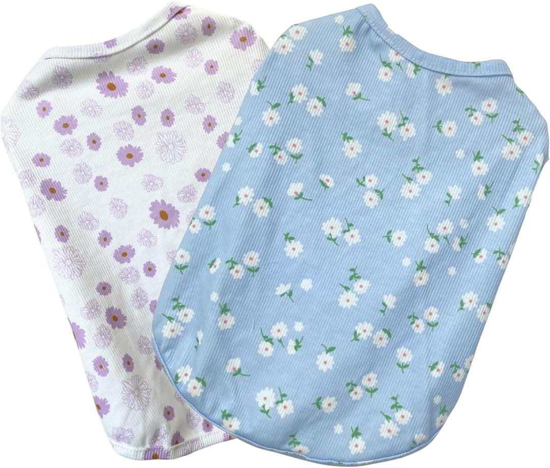 2PCS Summer Dog Cotton T Shirt Pet Tee Shirts Puppy Daisy Flower Prints Clothes Apparel for Small Dogs Cats