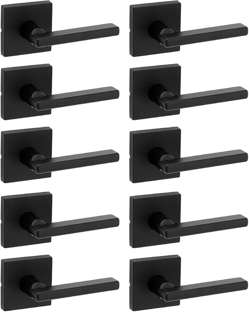 Kwikset Halifax Interior Passage Door Handle, Lever for Closet and Hallway Doors, Reversible Non-Locking Handle Lever, Matte Black, with Microban Protection, 10 Pack
