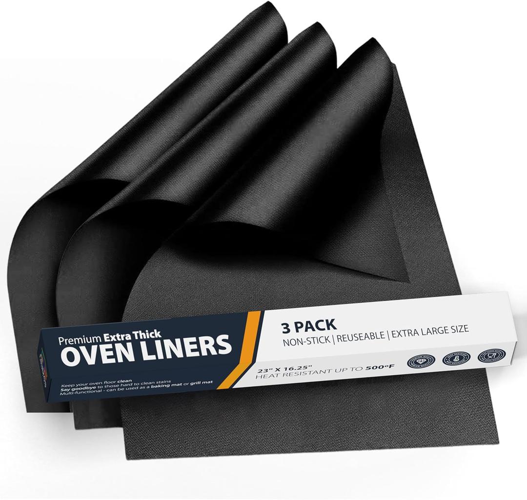 Oven Liners for Bottom of Oven - 3 Pack Large Heavy Duty Mats, 16.25x23 Non-Stick Reusable Liner for Electric, Gas, Toasters, Grills - BPA & PFOA Free Kitchen Accessory to Keep It Clean (Black)