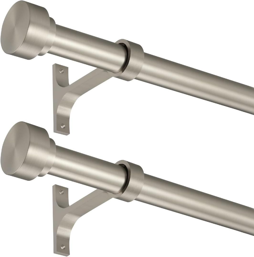 2 Pack Heavy Duty 1 Inch Diameter Single Curtain Rods 36-72 Adjustable Window Curtain Rod with with Cylindrical Cap Finials, Wall Mount and Ceiling Mount, Matte Nickel