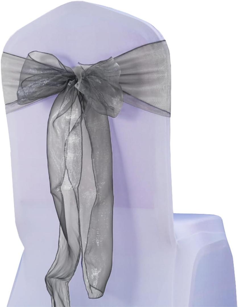 10O Pack Organza Silver Grey Chair Sashes for Wedding Sheer Chairs Bows Ties for Party Birthday Event Banquet Restaurant Baby Shower Christmas Events Decoration (Silver Grey)