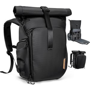 K&F CONCEPT Camera Backpack, Camera Bag with 15.6 Inch Laptop Compartment, Roll Top&Front Pocket Expandable Camera Backpack with Side Access for Photographers