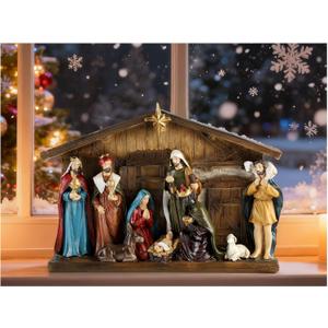 Christmas Nativity Scene Set - 12" W One Piece Holy Family Sculpture with Manger, Nativity Religious Tabletop Decorations, Hand Painted Resin Catholic Decor for Tabletop & Shelf