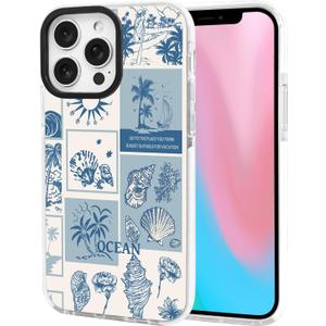 ChiCsFleur for iPhone 12 Pro Max Case, TPU Phone case with Camera Protection for Women Girls Teens - Blue Coastal Holiday Palm Shell Sailor Moon Collage Ocean Gift Vintage Sorority Aesthetic Unique